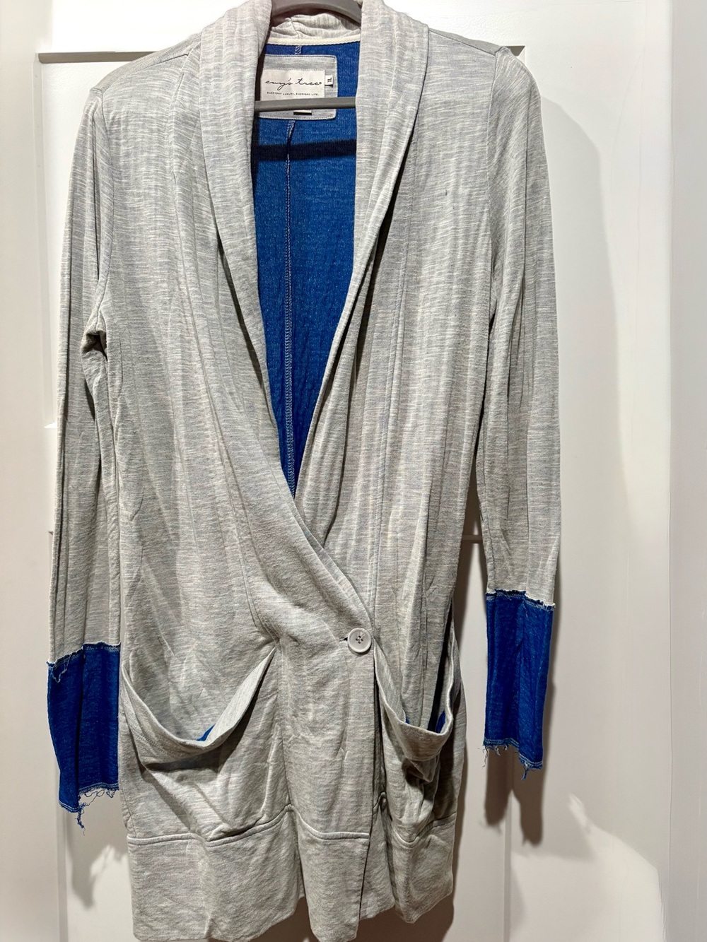 Evy’s Tree Light Gray & Royal Blue Draped Cardigan